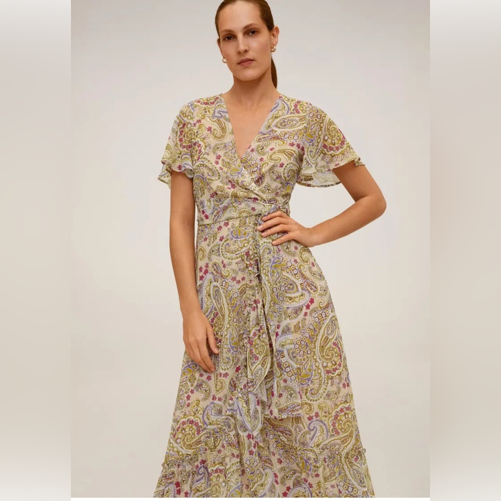Mango Paisley Wrap Midi Dress - Cream and Purple